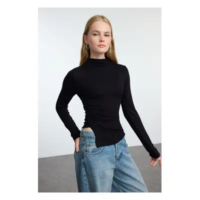 Trendyol Black Fitted Ruffle/Drape Detailed High Collar Knitted Blouse