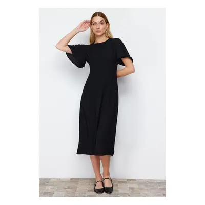 Trendyol Black A-Line Crew Neck Button Detailed Midi Woven Dress