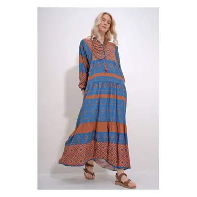 Trend Alaçatı Stili Women's Brown-Blue Collar Tassel Detailed Layered Flounced Ethnic Patterned 