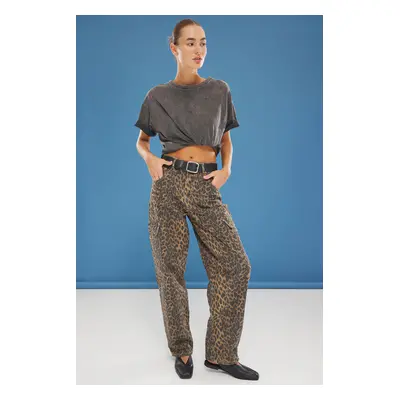 Trendyol Multicolored Leopard Patterned Cargo Pocket Detailed Normal Waist Barrel Baggy Jeans