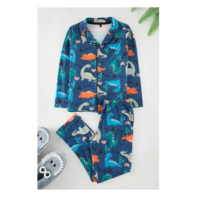 Trendyol Navy Blue Boy Printed Pajama Set Knitted Top-Bottom Set