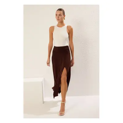 Trendyol Brown Waist Detailed Slit Stretchy Knitted Maxi Skirt