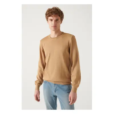 Avva Men's Beige Crew Neck Wool Blended Knitwear Sweater