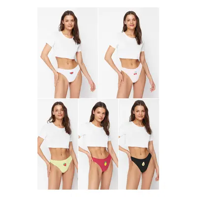 Trendyol Multi-Colored 5-Pack Cotton Fruit Printed Thong Knitted Panties