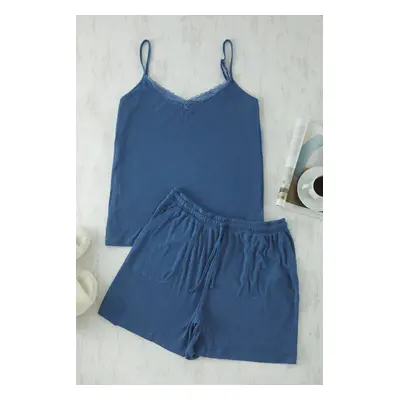 Trendyol Curve Indigo Lace Detail Lace-up Camisole Knitted Pajama Set