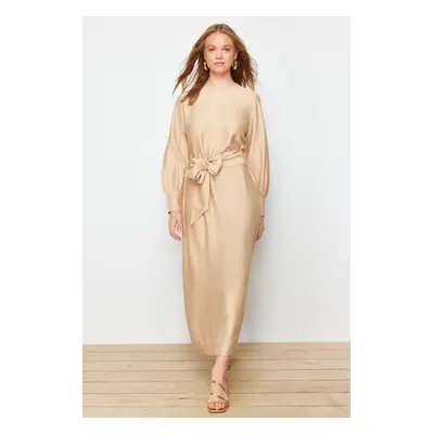 Trendyol Light Brown Wide Belt Zipper Cuffed Woven Linen Look Dress