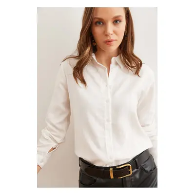 Olalook Women's White Shiny Textured Woven Shirt