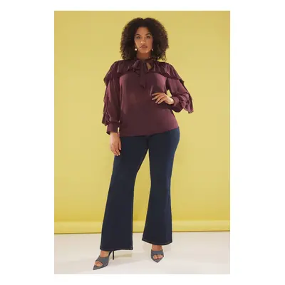 Trendyol Curve Burgundy Neck Tie Long Sleeve Ruffle Woven Plus Size Blouse