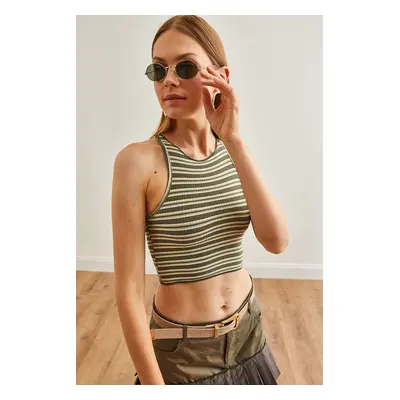 Olalook Women's Green Striped Stretchy Crop Blouse