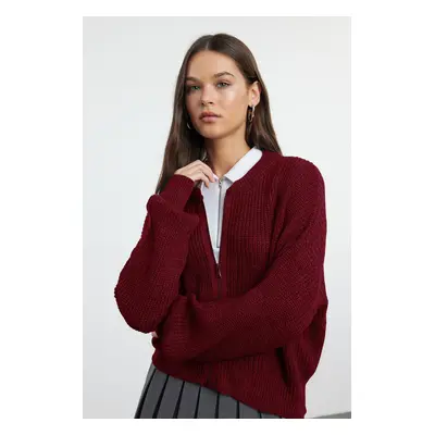 Trendyol Claret Red Wide Pattern Bomber Collar Zippered Knitwear Cardigan