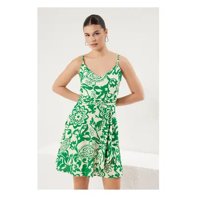 Trendyol Green Floral Patterned V Neck Viscose Mini Woven Dress