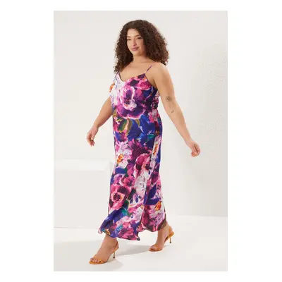 Trendyol Curve Multi-Colored Floral Adjustable Satin Maxi Woven with Straps Plus Size Dress