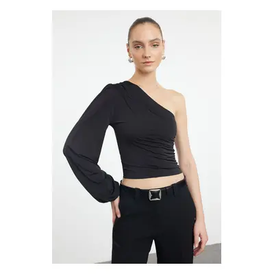 Trendyol Black Single Sleeve Gathered/Draped Fitted Crop/Short Stretchy Knitted Blouse