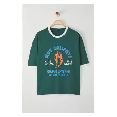 Trendyol Emerald Green Boxy/Square Cut 100% Cotton Printed T-Shirt