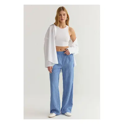 Trendyol Blue Striped Crinkle Regular Waist Wide Leg Woven Trousers