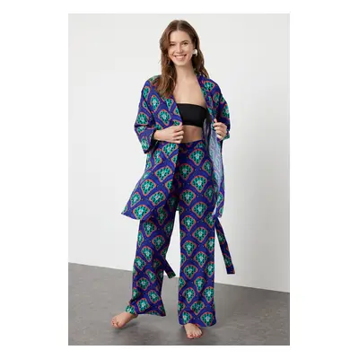 Trendyol Geometric Patterned Belted Woven Kimono Trouser Beach Set