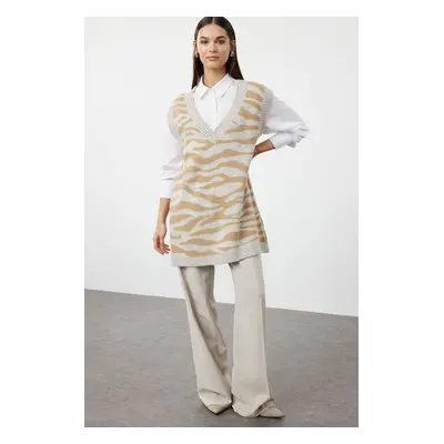 Trendyol Beige Soft Textured Zebra Pattern Knitwear Sweater