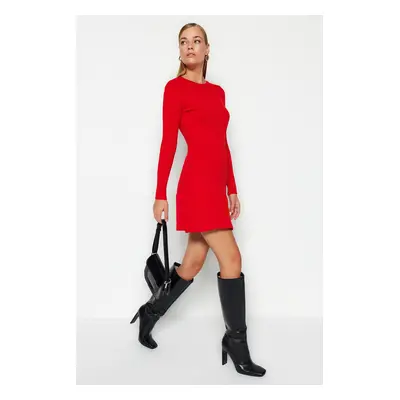 Trendyol Red Mini Knitwear Pleated Skirt Detailed Dress