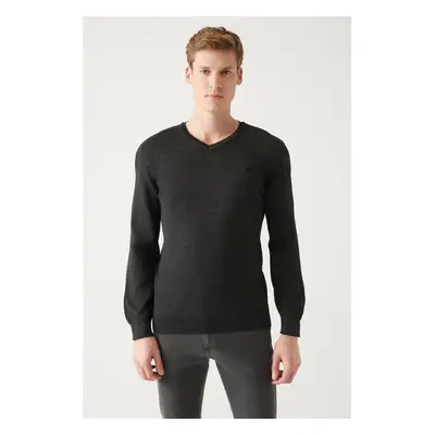 Avva Men's Anthracite V-Neck Wool Blended Knitwear Sweater