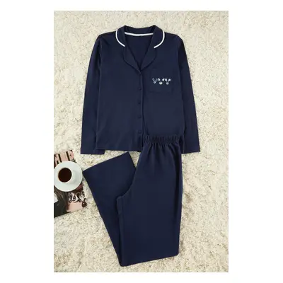 Trendyol Navy Blue Cotton Piping and Pocket Detailed Printed Knitted Pajama Set