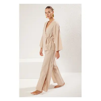 Trendyol Beige Woven Tied Shirt Trousers Beach Set