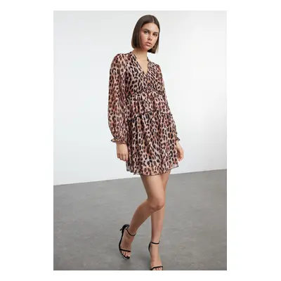 Trendyol Brown Leopard Printed Ruffle Detailed A Line/Bell Cut Balloon Sleeve Mini Knitted Dress