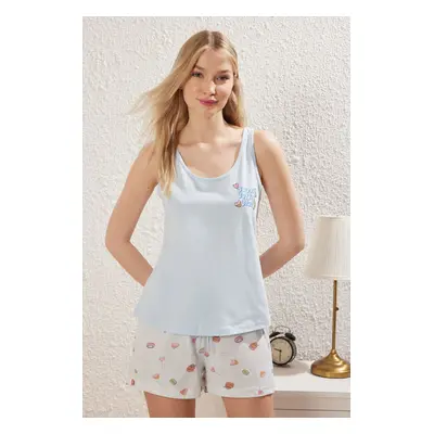 Trendyol Blue 100% Cotton Fun Patterned Slogan Shorts Knitted Pajama Set