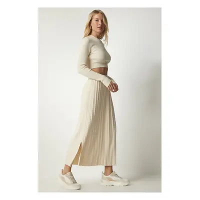 Happiness İstanbul Women's Cream Ribbed Knitwear Crop Skirt Suit