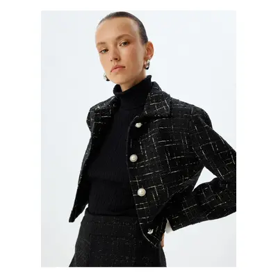 Koton Crop Tweed Jacket Pearl Button Detail Shirt Collar