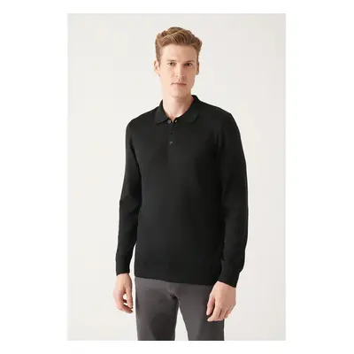 Avva Men's Black Wool Blended Polo Collar Knitwear Sweater E