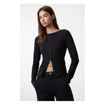 Trendyol Black Button Detailed Crew Neck Ribbed Flexible Regular Length Knitted Blouse