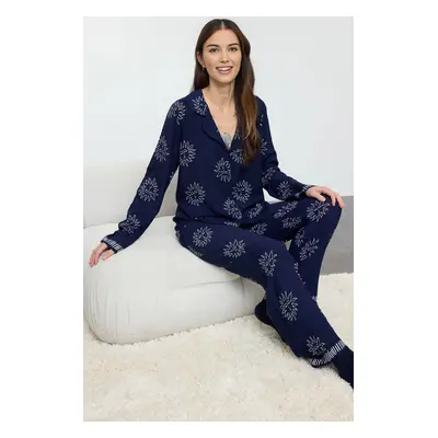 Trendyol Navy Blue Sun Patterned Viscose Woven Pajama Set