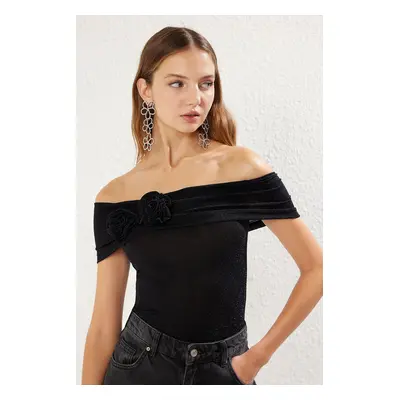 Trendyol Black Rose Detailed Glittery Knitted Blouse