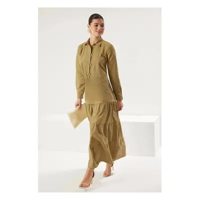 Trendyol Khaki Button Detail Cotton Shirt Skirt Weaving Upper-Lower Team