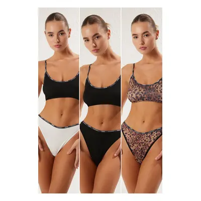 Trendyol Black-Multicolored 3-Piece Camisole Animal Thong Panties