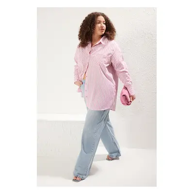 Trendyol Curve Pink Striped Double Pocket Woven Plus Size Shirt