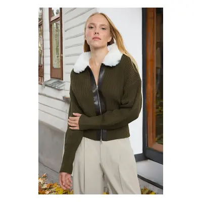 Trendyol Khaki Fur Leather Detailed Zippered Coat Knitwear Cardigan