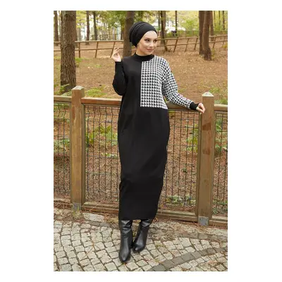 InStyle Amelya Sleeve Houndstooth Patterned Knitwear Dress - Black