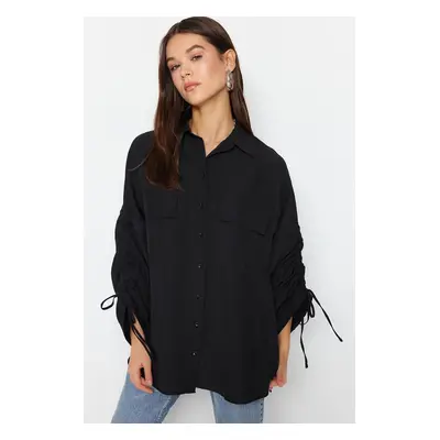 Trendyol Black Woven Cotton Shirt with Adjustable Gathering Detail on Sleeves