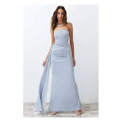 Trendyol Blue Glitter Knitted Long Elegant Evening Dress