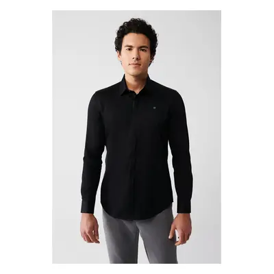 Avva Men's Black 100% Cotton Classic Collar Satin Shirt