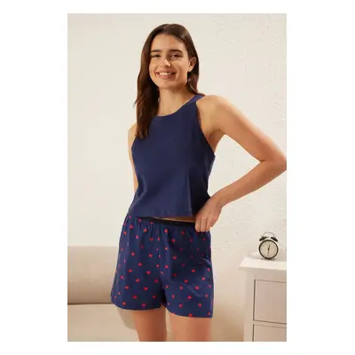 Trendyol Navy Blue Heart Single Jersey Knitted Pajamas Set