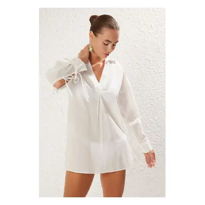 Trendyol White Woven 100% Cotton Tied Beach Shirt