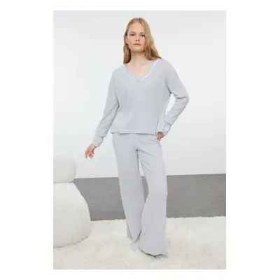 Trendyol Grey Melange Piping Detailed Ribbed Knitted Pajama Set