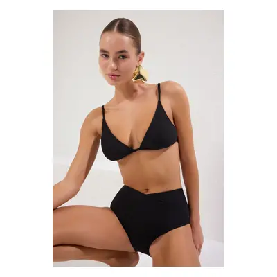 Trendyol Black Triangle Textured Bikini Top