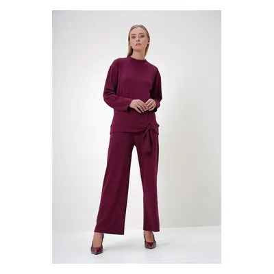 Trend Alaçatı Stili Women's Claret Red Crew Neck Lacing Detailed Modal Fabric Long Blouse and Tr