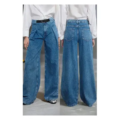 Trendyol Blue Belt Detailed Pleated High Waist Wide Leg Jeans