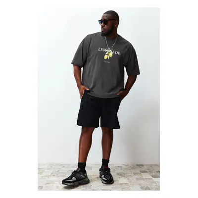 Trendyol Anthracite Oversize/Wide Cut Crew Neck Lemon Printed Plus Size T-Shirt