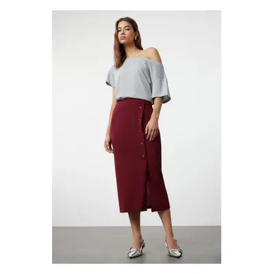 Trendyol Burgundy Smart Crepe Button Detailed High Waist Midi Pencil Flexible Knitted Skirt