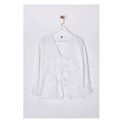 Trendyol White Front Tied Heart Embroidered Woven Blouse